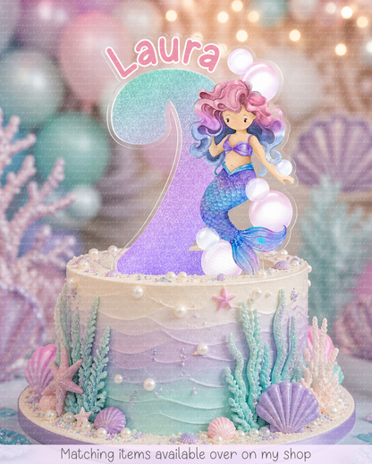 Personalised hand-drawn Mermaid Number cake topper - acrylic printed cake topper - custom cake decoration - kids cake topper