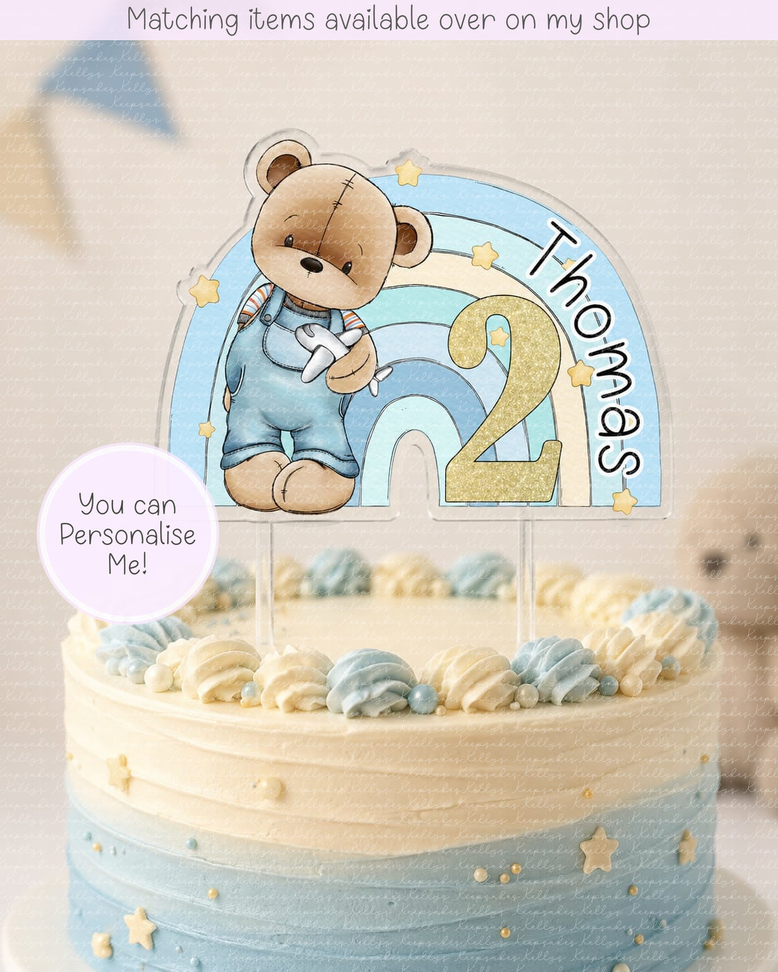 Teddy Bear Rainbow Personalised Cake Topper  - acrylic printed cake topper - custom hand-drawn teddy cake decoration