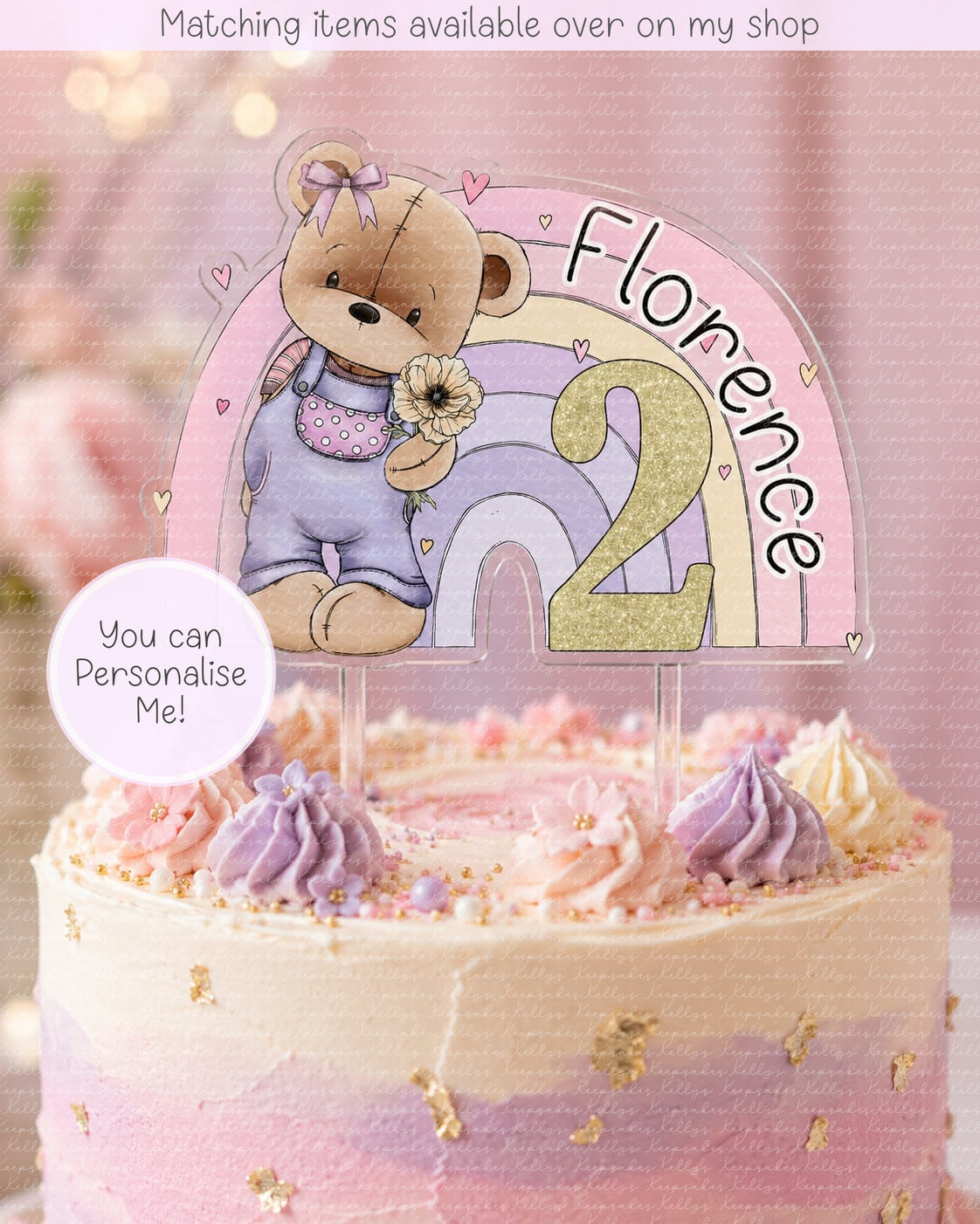 Teddy Bear Rainbow Personalised Cake Topper  - acrylic printed cake topper - custom hand-drawn teddy cake decoration