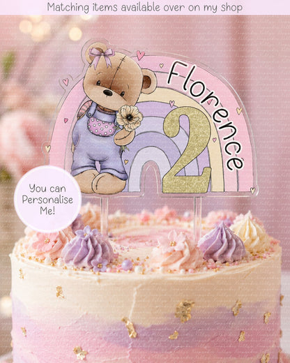 Teddy Bear Rainbow Personalised Cake Topper  - acrylic printed cake topper - custom hand-drawn teddy cake decoration