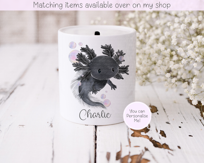 Axolotl Fund Personalised Money Pot - Hand drawn Axolotl Piggy Bank - Saving Money Fish Fund