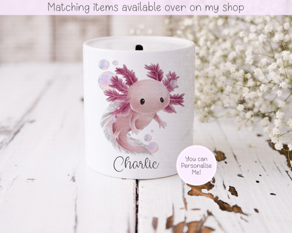 Axolotl Fund Personalised Money Pot - Hand drawn Axolotl Piggy Bank - Saving Money Fish Fund