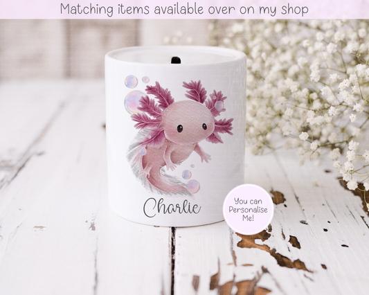 Axolotl Fund Personalised Money Pot - Hand drawn Axolotl Piggy Bank - Saving Money Fish Fund