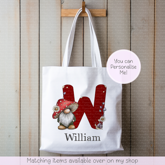 Whimsical Toadstool Gnome Initial personalised tote bag - hand-drawn mushroom Gonk custom bag - Gonk shopping bag- gift for him - gift for her