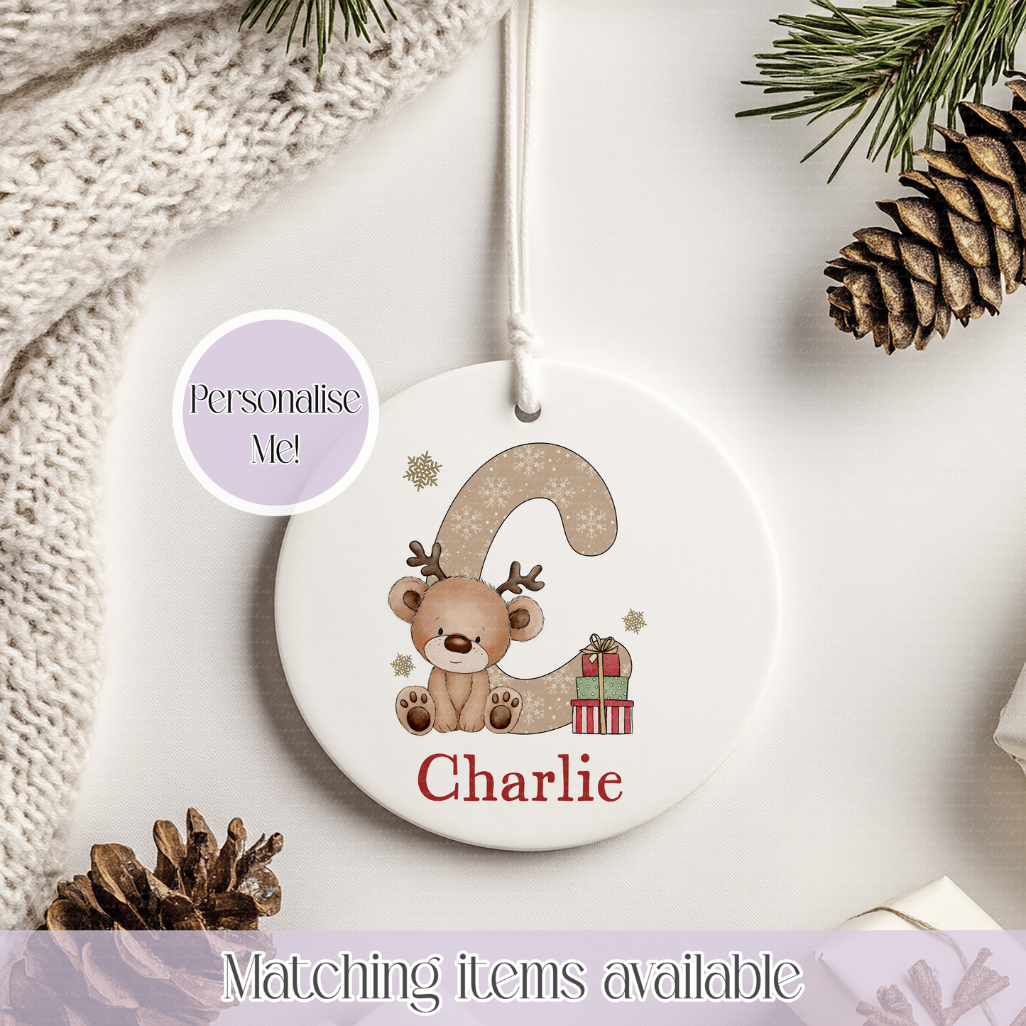 Christmas Reindeer Teddy Bear Ceramic Bauble - Christmas Decoration - First Christmas - Fully Editable- Custom Name