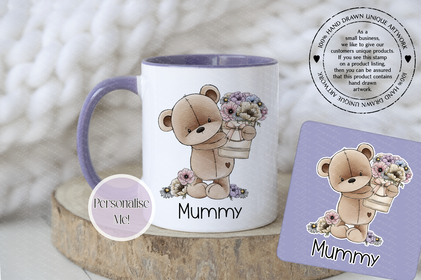 Mother's Day Personalised Bear With Flower Bucket - teddy bear custom mug - gift for her - optional coaster