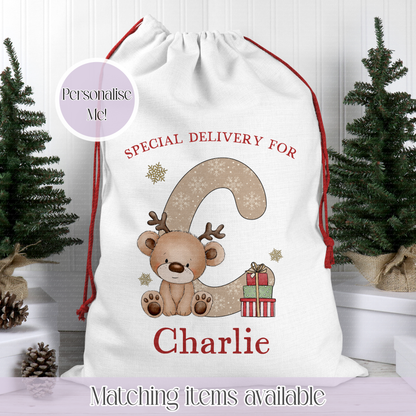 Reindeer Teddy Bear Personalised Santa Sack - Girl or Boy - Initial Christmas Sack