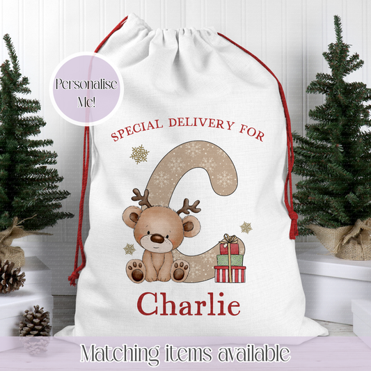 Reindeer Teddy Bear Personalised Santa Sack - Girl or Boy - Initial Christmas Sack
