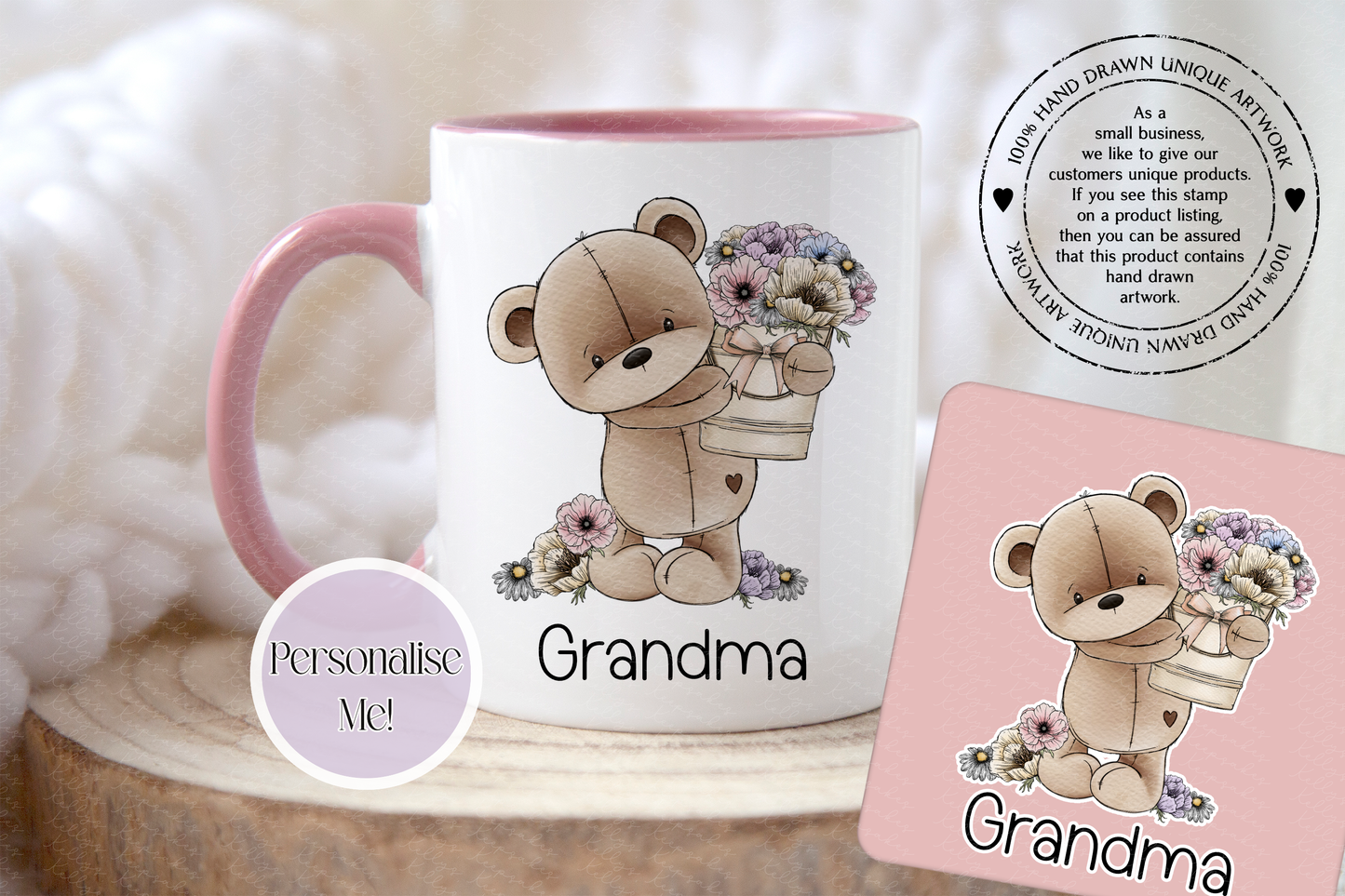 Mother's Day Personalised Bear With Flower Bucket - teddy bear custom mug - gift for her - optional coaster