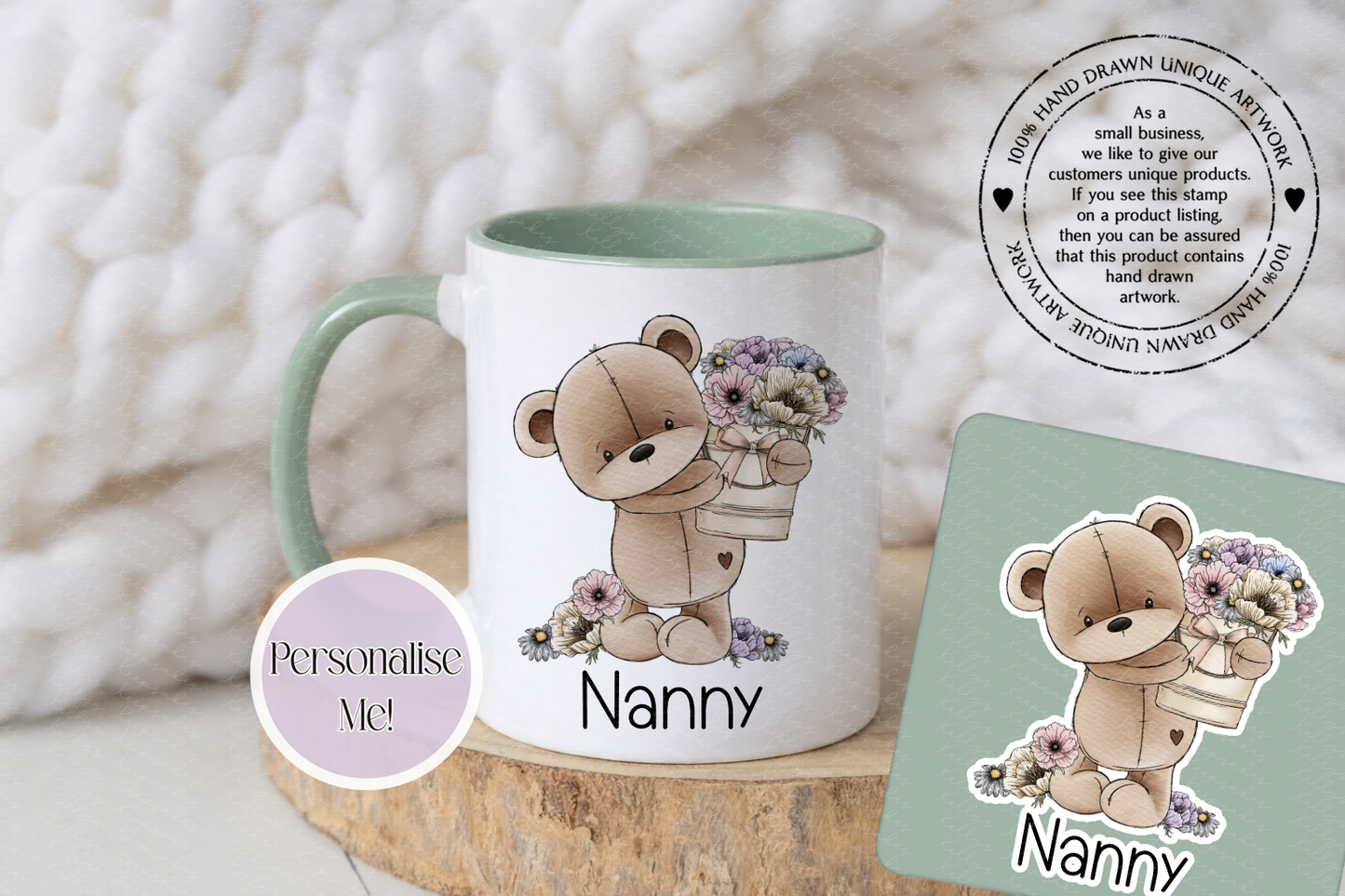 Mother's Day Personalised Bear With Flower Bucket - teddy bear custom mug - gift for her - optional coaster