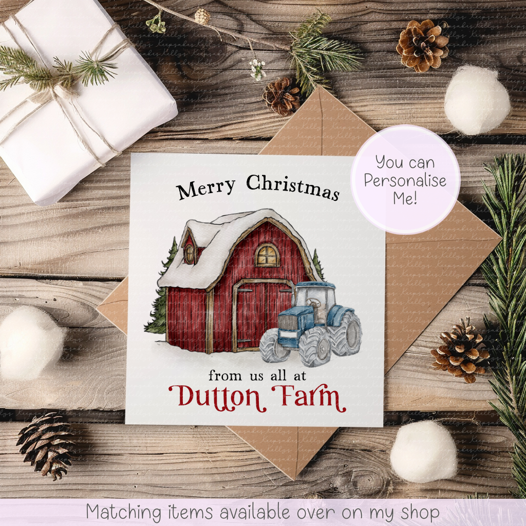 A personalized Christmas greeting card featuring an illustration of a red barn and blue tractor on a rustic wooden tabletop with a kraft envelope, wrapped gift, pine branches, and decorative props.