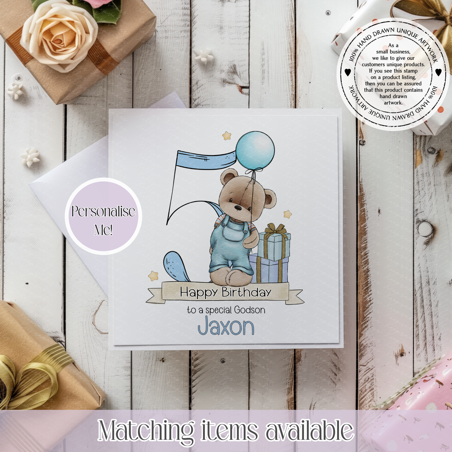 Birthday Boy Teddy Bear in Dungarees Personalised Age Card - custom age, name and short message on front