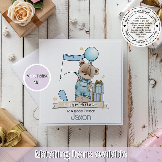 Birthday Boy Teddy Bear in Dungarees Personalised Age Card - custom age, name and short message on front