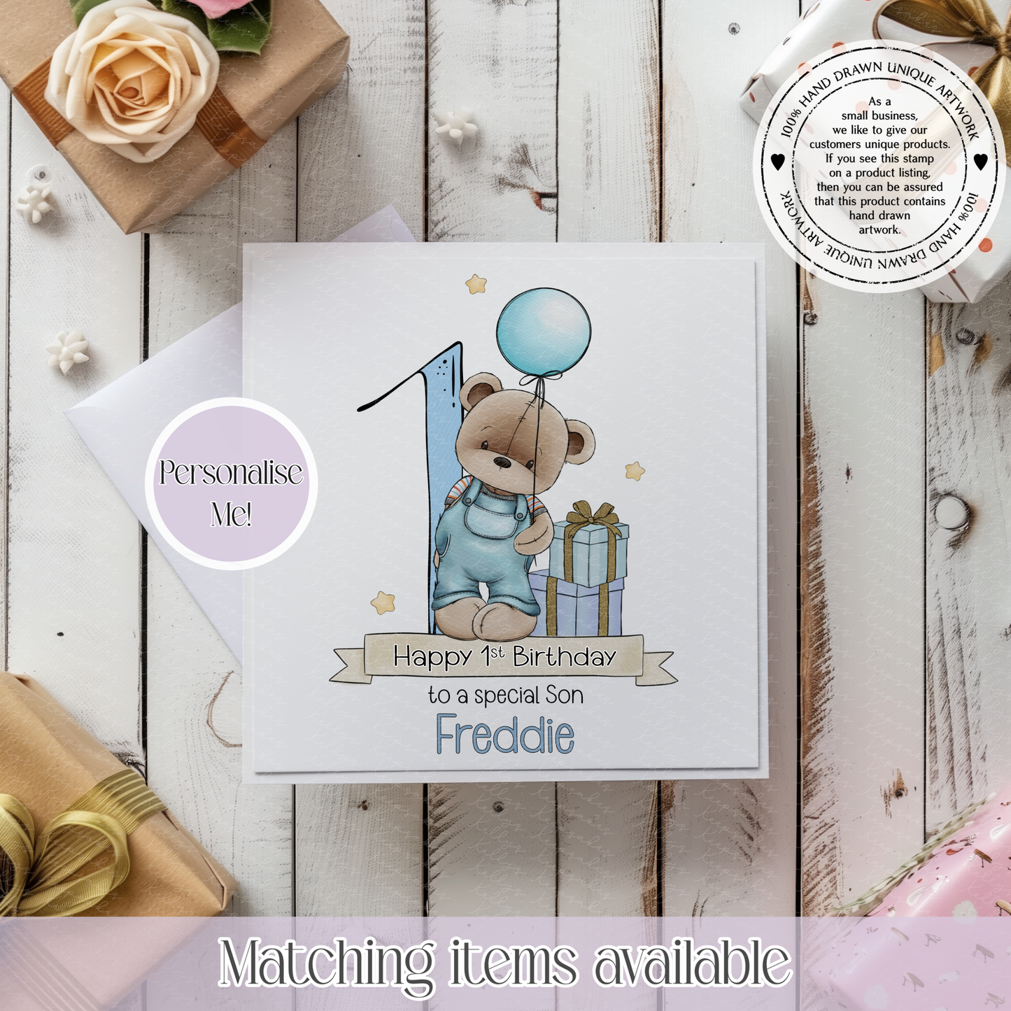 Birthday Boy Teddy Bear in Dungarees Personalised Age Card - custom age, name and short message on front