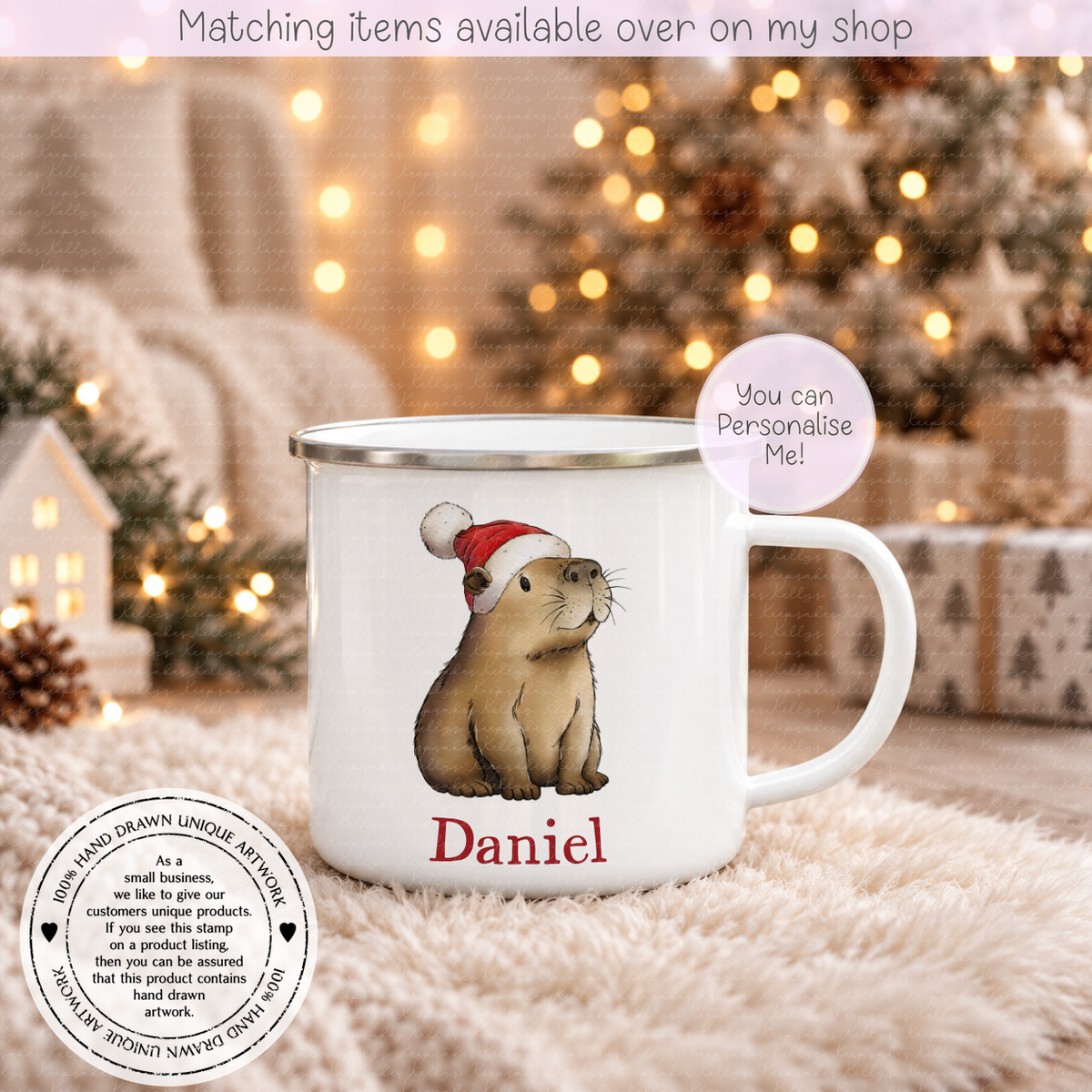 Personalised Capybara Christmas Mug – Enamel or Ceramic | Custom Name | Christmas Hot Chocolate Mug