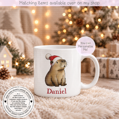 Personalised Capybara Christmas Mug – Enamel or Ceramic | Custom Name | Christmas Hot Chocolate Mug