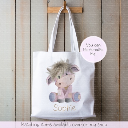 Highland Cow Teddy Style personalised tote bag - hand-drawn highland coo custom bag - Cow shopping bag- gift for him - gift for her