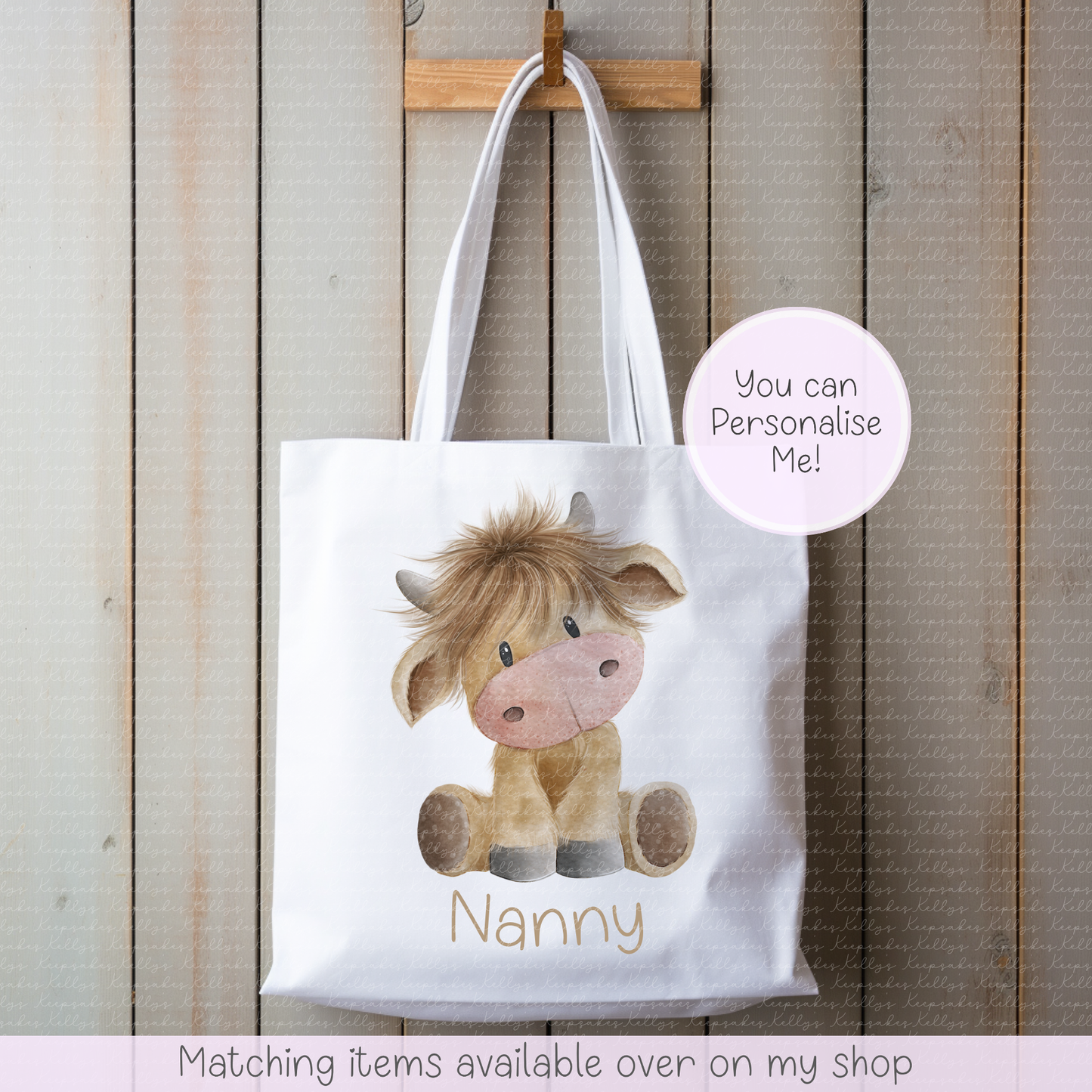 Highland Cow Teddy Style personalised tote bag - hand-drawn highland coo custom bag - Cow shopping bag- gift for him - gift for her