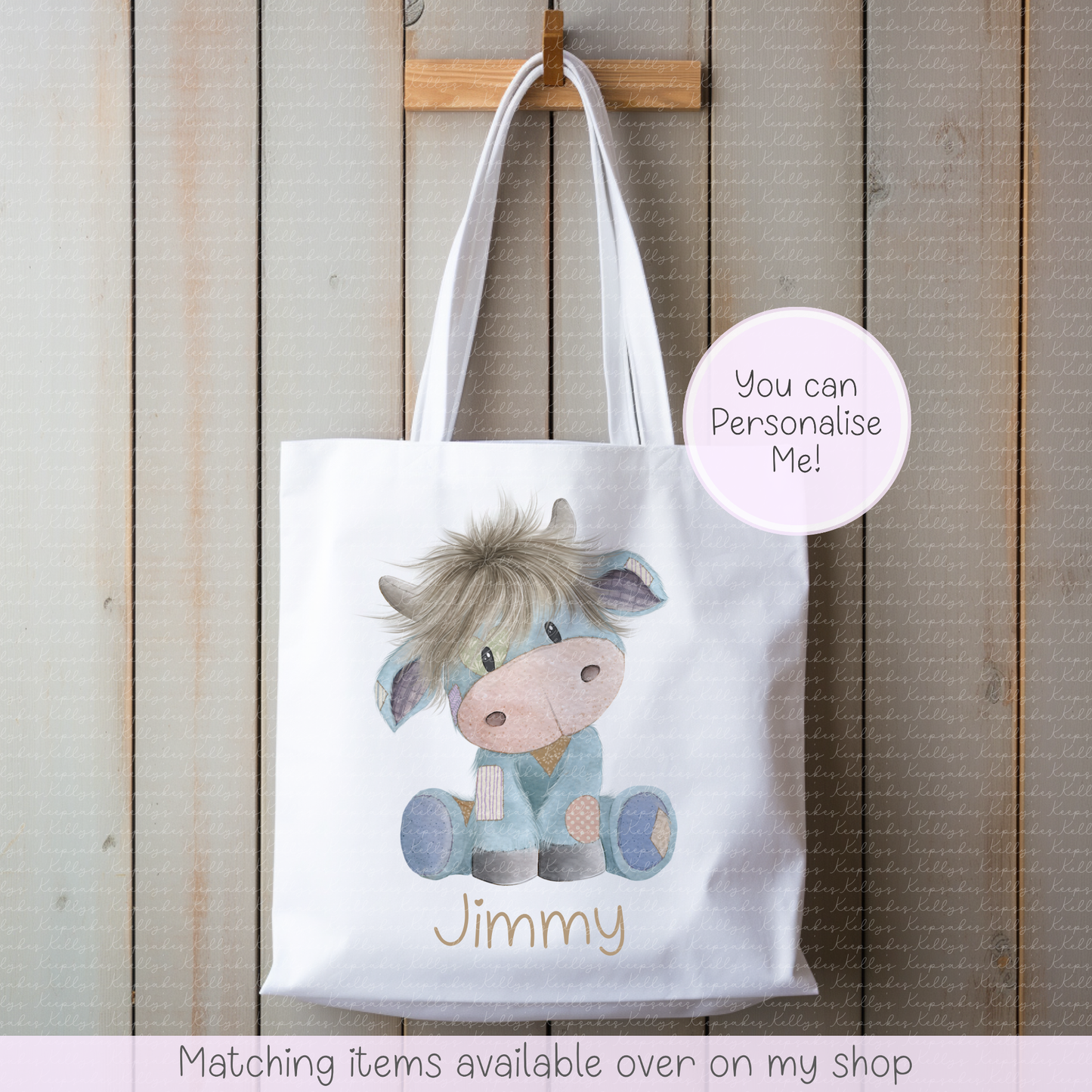 Highland Cow Teddy Style personalised tote bag - hand-drawn highland coo custom bag - Cow shopping bag- gift for him - gift for her