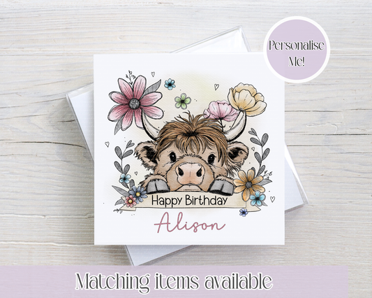 Cute Highland Cow Floral Personalised Birthday Card - birthday custom card