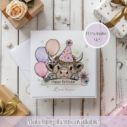 Cute Highland Cow Birthday Hat & Balloons Personalised Birthday Card - birthday custom card