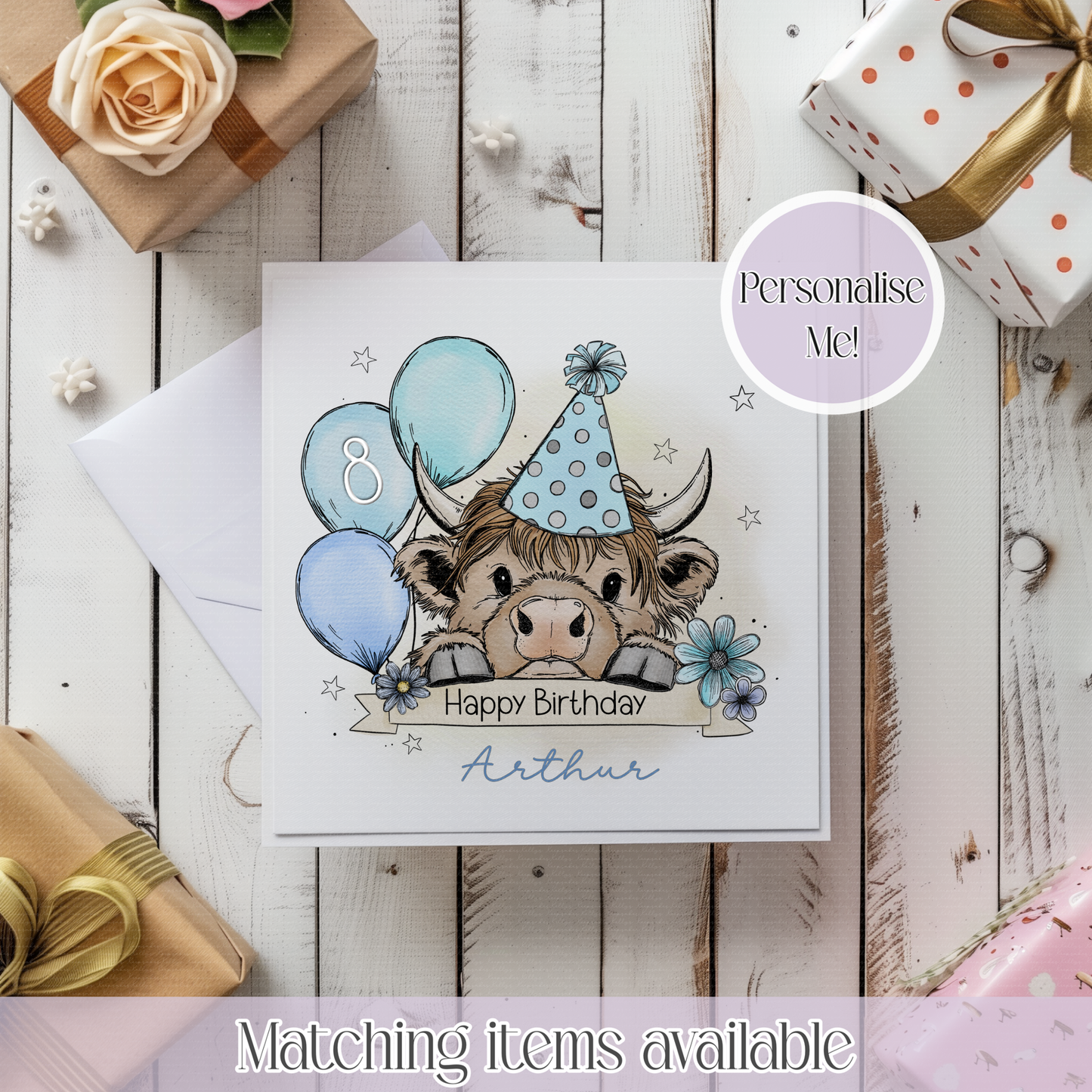 Cute Highland Cow Birthday Hat & Balloons Personalised Birthday Card - birthday custom card