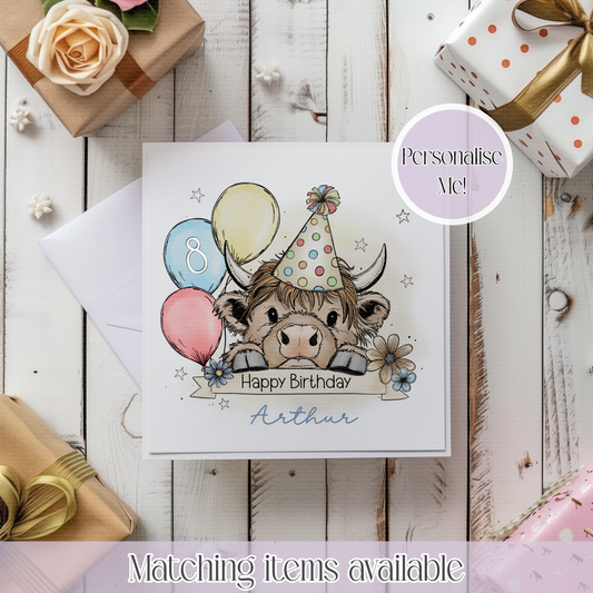 Cute Highland Cow Birthday Hat & Balloons Personalised Birthday Card - birthday custom card