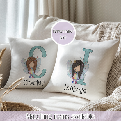 Personalised Fairy Initial Velvet Cushion 40cm – Custom Hair Colour, Wings & Cushion Back