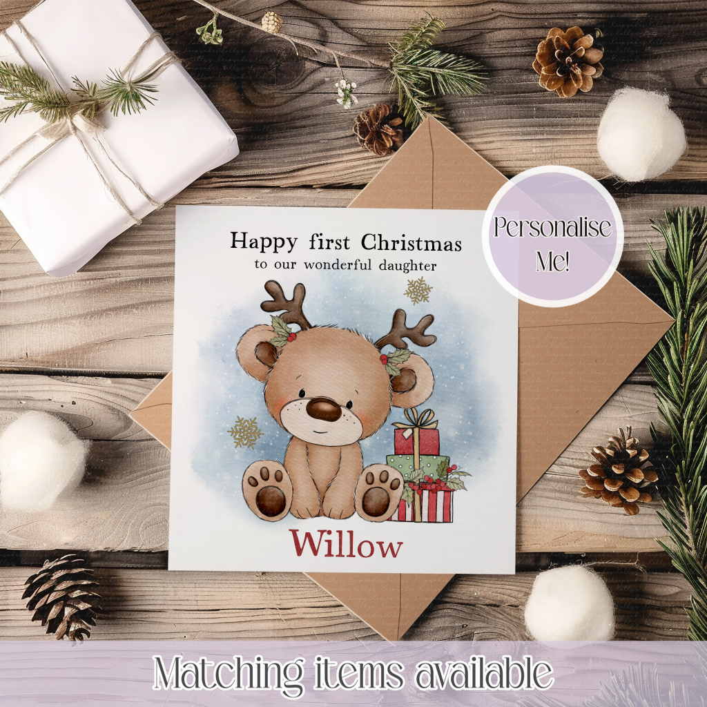 Personalised First Christmas Reindeer Teddy Bear Card - Custom Name - Boy or Girl - Christmas Card