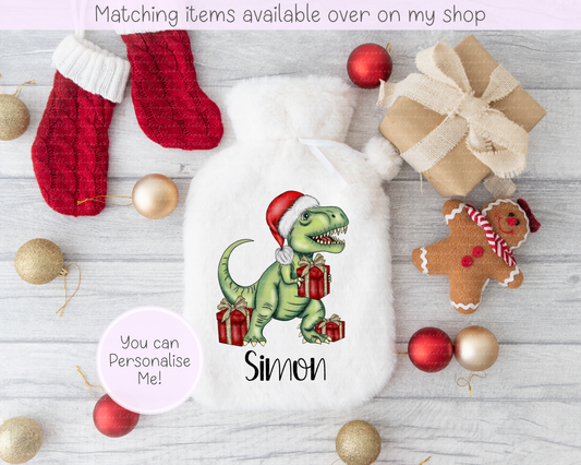 Personalised Christmas Dinosaur T-Rex Fluffy Hot Water Bottle with Faux Fur Cover – 2L Hot Water Bottle in Gift Box, Winter Warmer, Christmas Gift