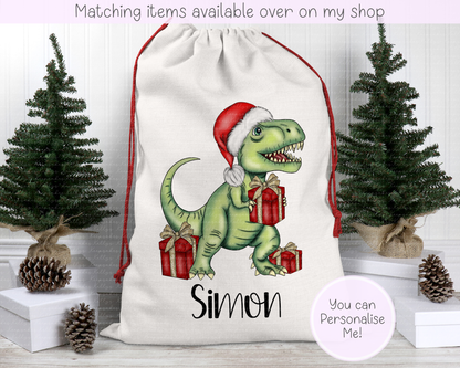 Personalised Christmas T-Rex Dinosaur – Christmas on the farm | Stocking |Christmas Eve Sack| Custom Name Gift Bag - Santa Sack (Copy)