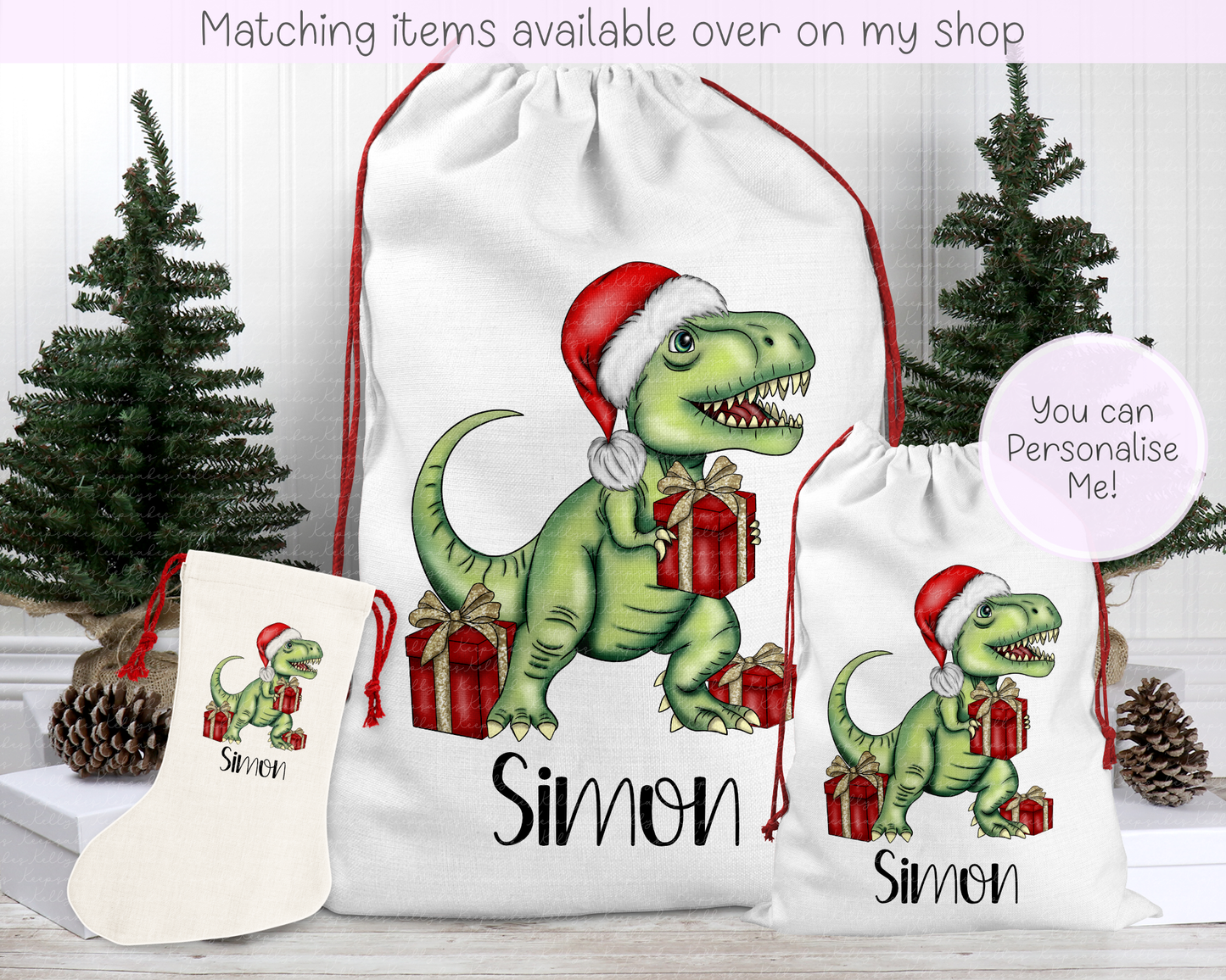 Personalised Christmas T-Rex Dinosaur – Christmas on the farm | Stocking |Christmas Eve Sack| Custom Name Gift Bag - Santa Sack (Copy)