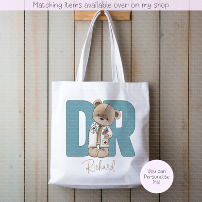 Personalised Teddy Doctor, Nurse or Surgeon Tote Bag - Custom NHS Keyworker Mug - Hospital Staff Gift - Medical Professional Bag