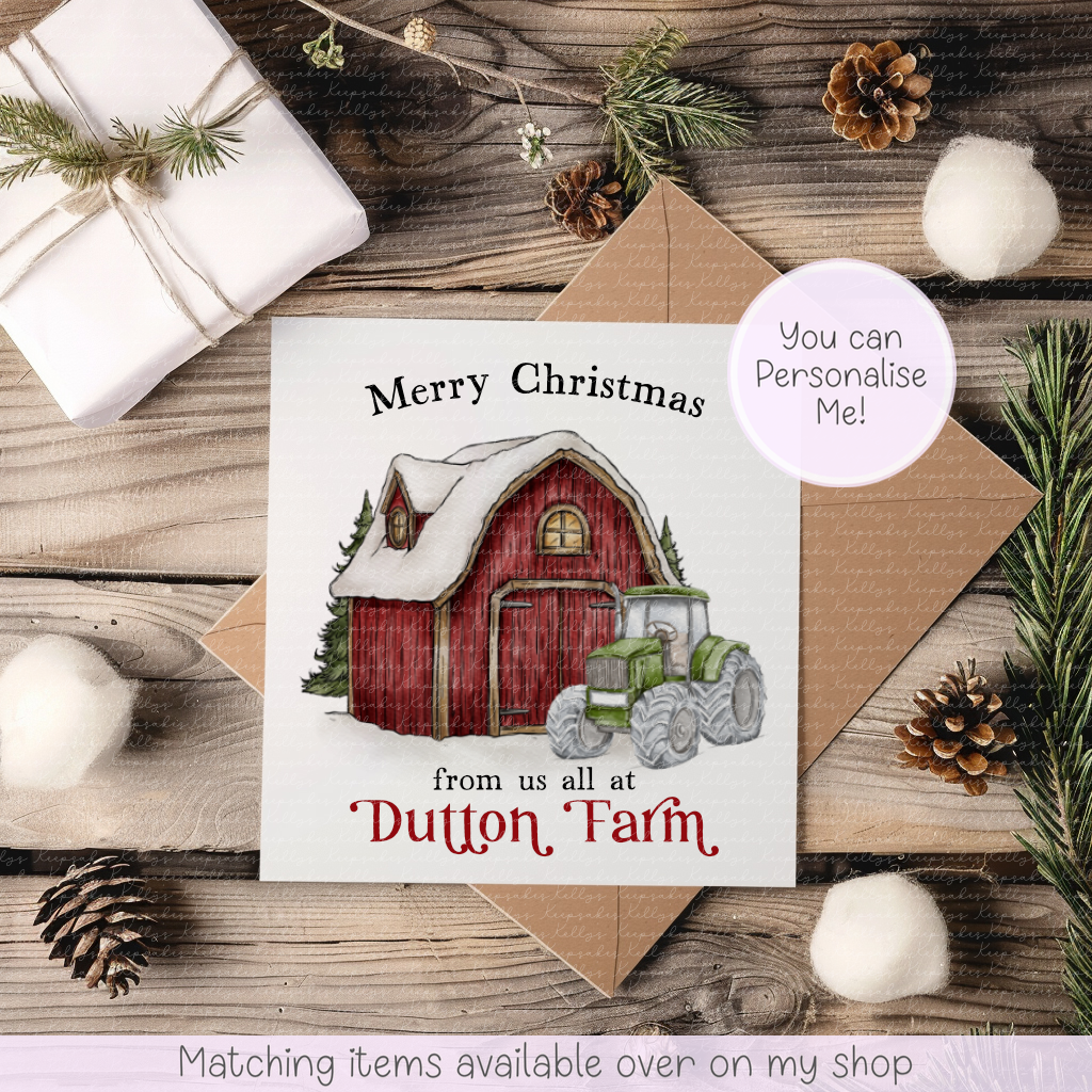 A personalized Christmas greeting card featuring an illustration of a red barn and green tractor on a rustic wooden tabletop, styled with a kraft envelope, wrapped gift box, pine branches, and cotton balls. A circular badge reads 'You can Personalise Me!'.