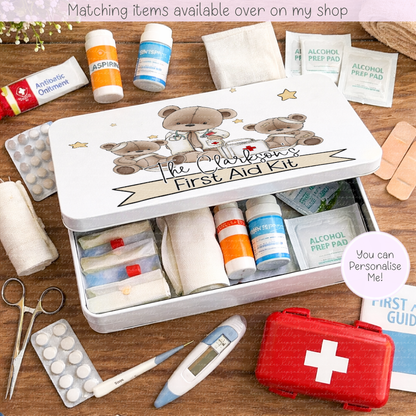 Personalised Teddy First Aid Kit Tin - Doctor teddy custom tin - Custom Name Medical Tin