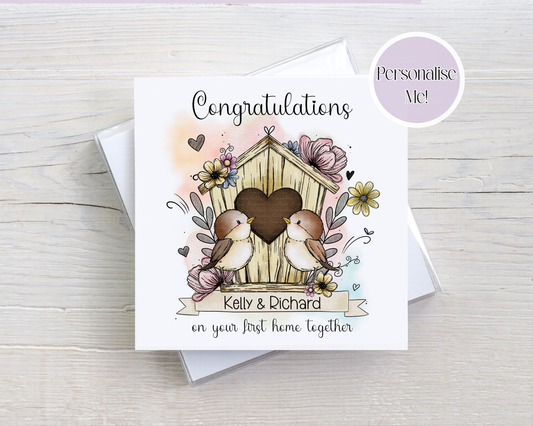 New Home Personalised Birdbox Card - love birds new home - custom new home card