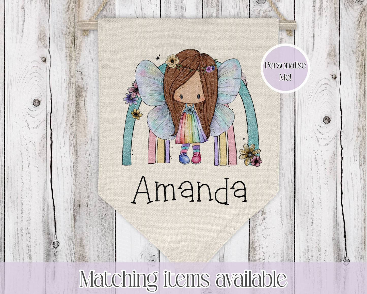 Personalised Rainbow Fairy Princess Bedroom Pennant - Wall Flag Decoration for girl