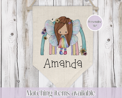 Personalised Rainbow Fairy Princess Bedroom Pennant - Wall Flag Decoration for girl