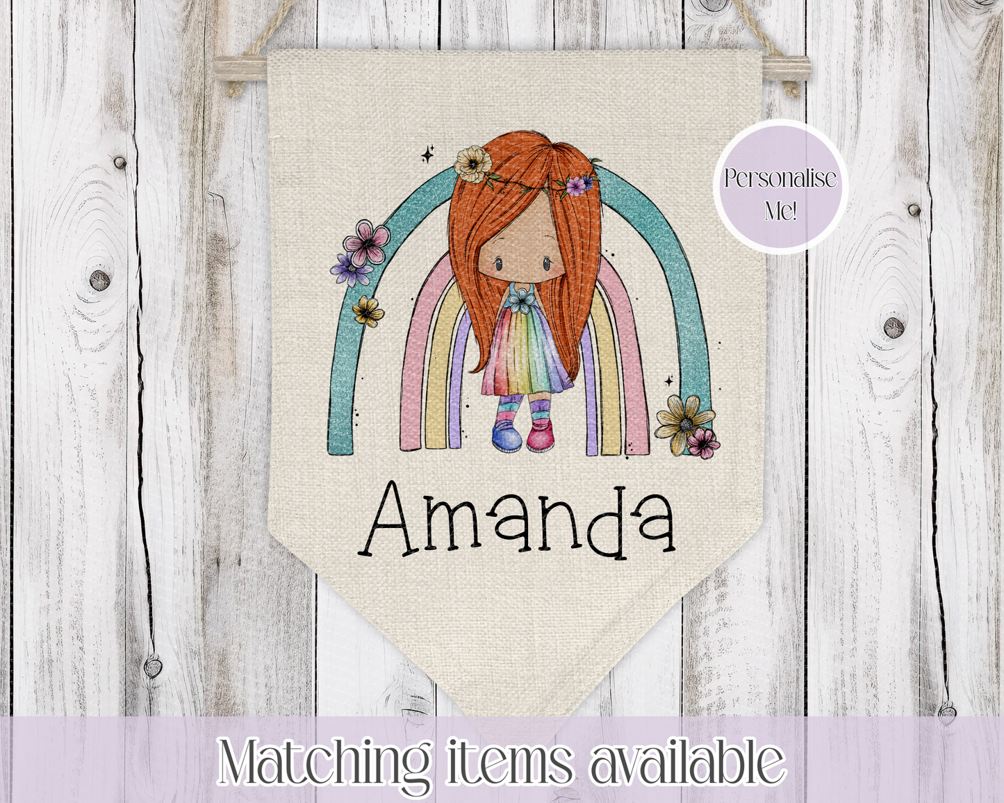 Personalised Rainbow Fairy Princess Bedroom Pennant - Wall Flag Decoration for girl