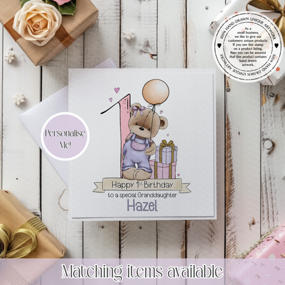 Birthday Girl Teddy Bear in Dungarees Personalised Age Card - custom age, name and short message on front