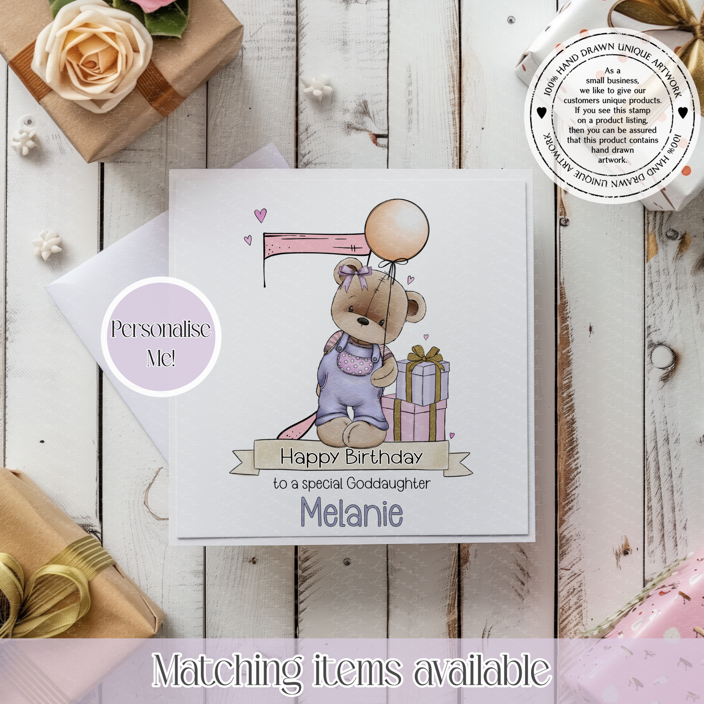 Birthday Girl Teddy Bear in Dungarees Personalised Age Card - custom age, name and short message on front