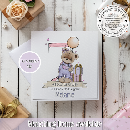 Birthday Girl Teddy Bear in Dungarees Personalised Age Card - custom age, name and short message on front
