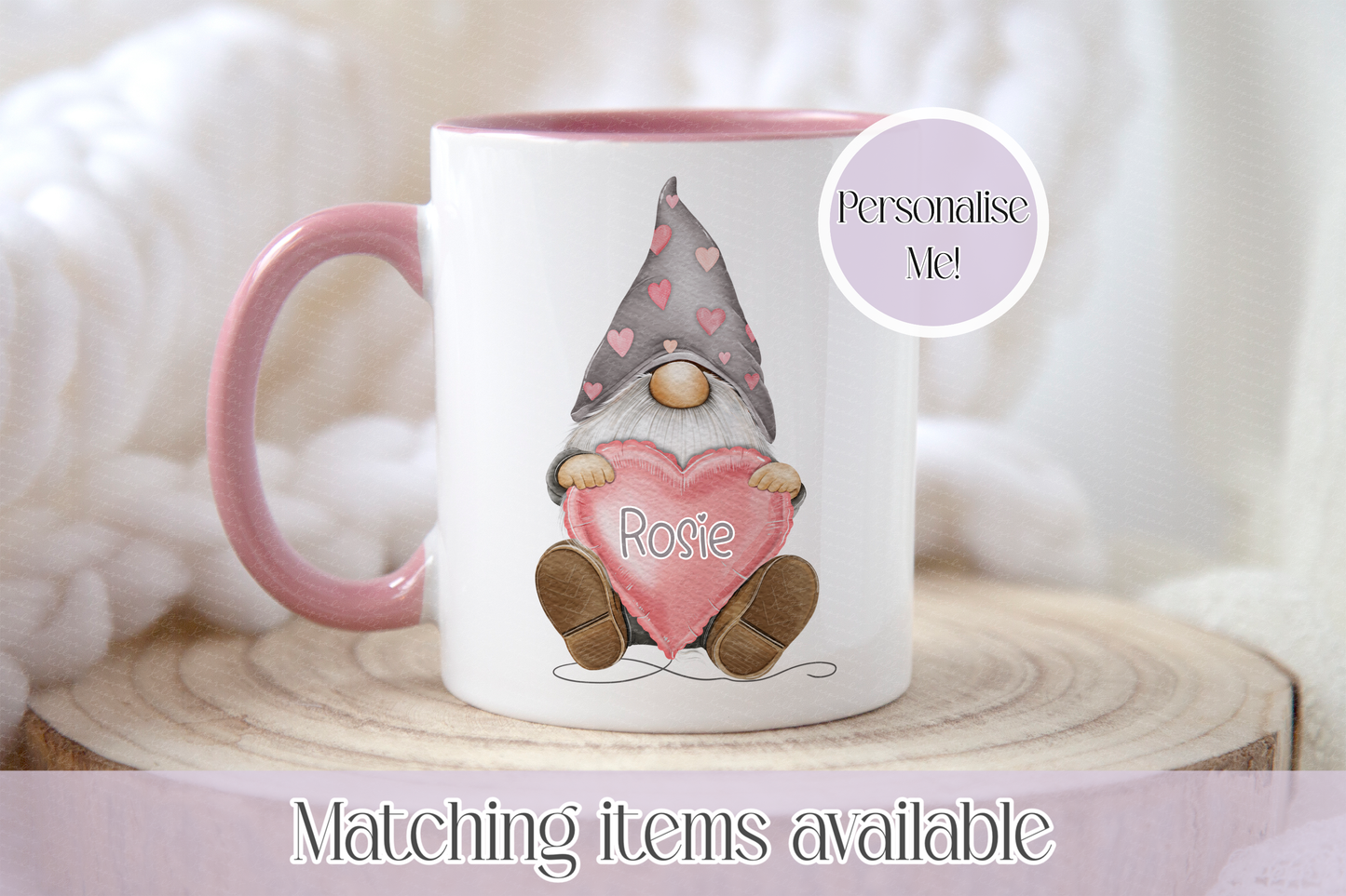 Personalised Gonk Mug with Name – Custom Gift Mug, Cute Valentines Gonk Design, 4 Colours & Handle Colour Options