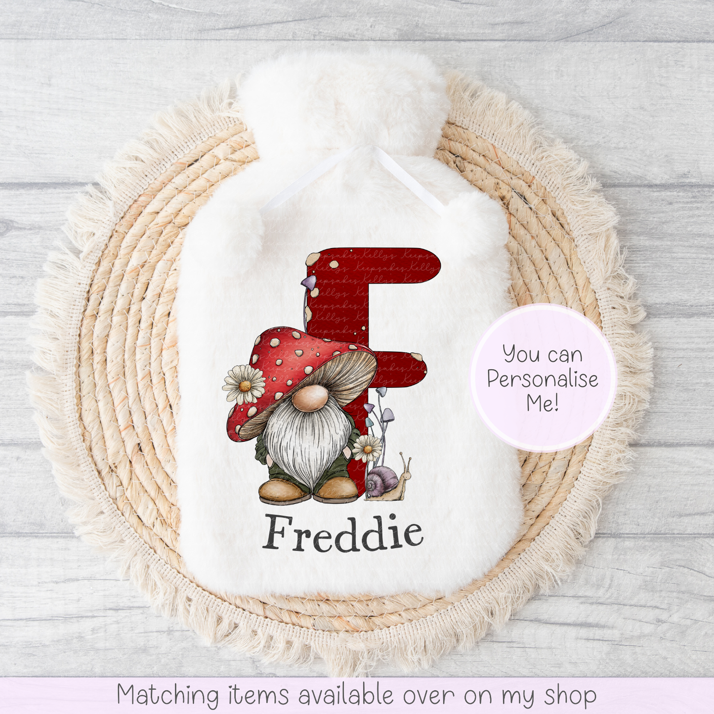 Whimsical Toadstool Gnome personalised Fluffy Hot Water Bottle - hand drawn mushroom gonk custom gift - gift for her - gift for him - keeping cosy