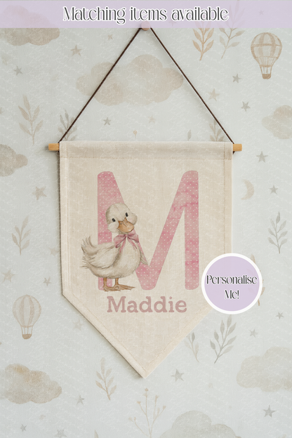 Personalised Goose New Baby Hanging Linen Pennant , Welcome Baby Gift, Duck Nursery Decor, Personalised Baby Gift