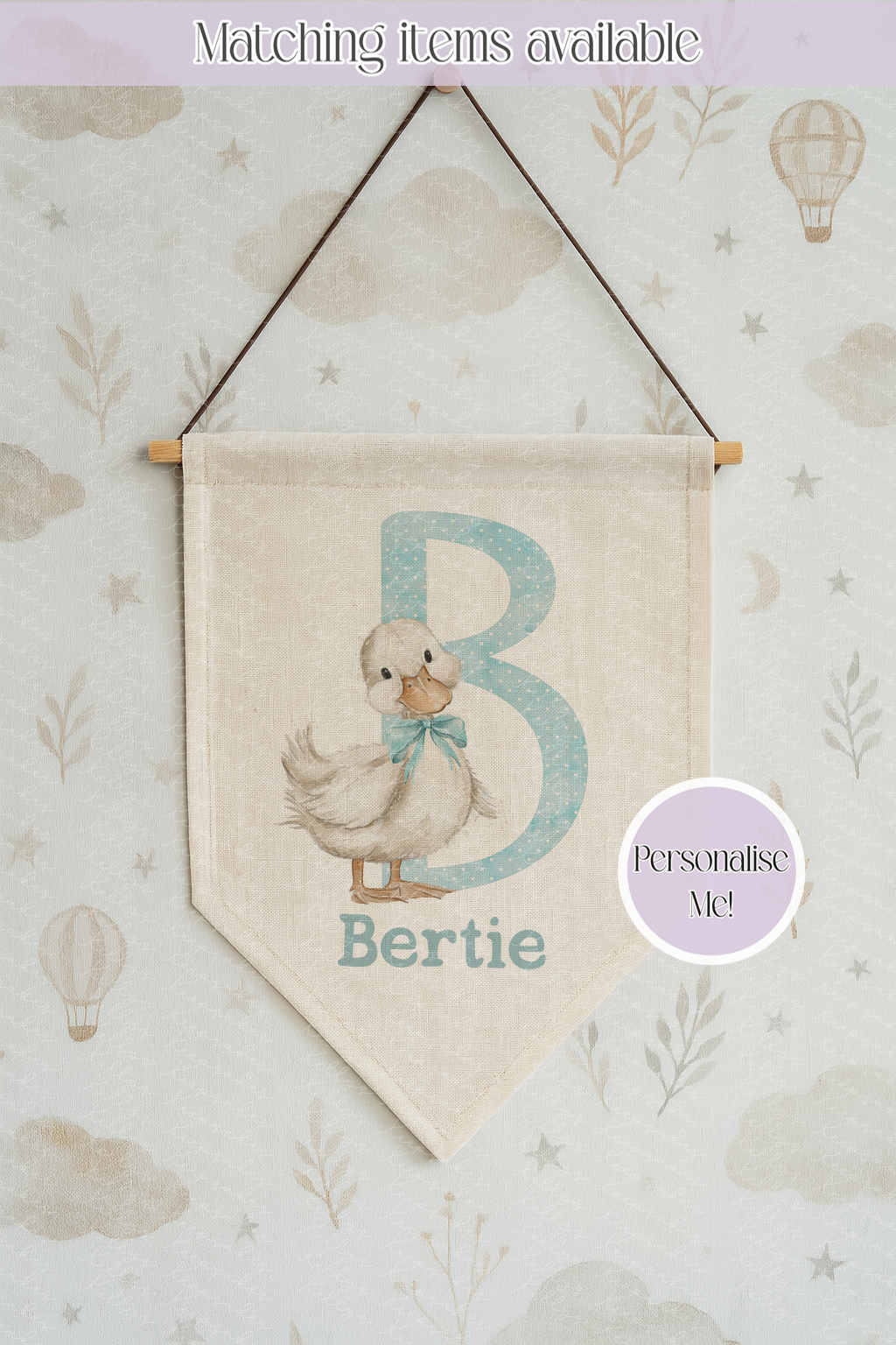 Personalised Goose New Baby Hanging Linen Pennant , Welcome Baby Gift, Duck Nursery Decor, Personalised Baby Gift
