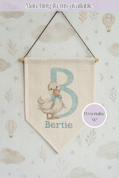 Personalised Goose New Baby Hanging Linen Pennant , Welcome Baby Gift, Duck Nursery Decor, Personalised Baby Gift