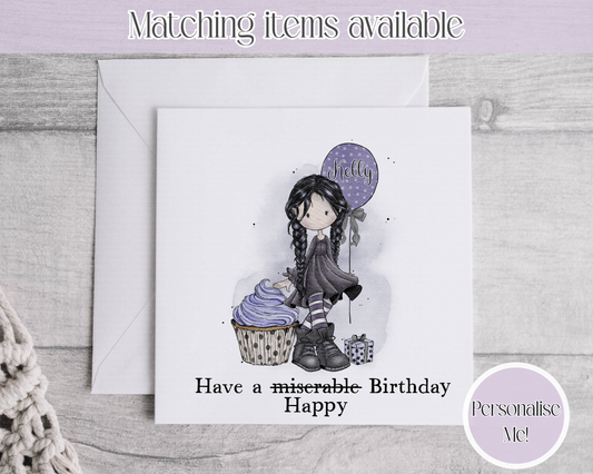 Goth Girl Personalised Birthday Card - birthday card - custom name alternative card