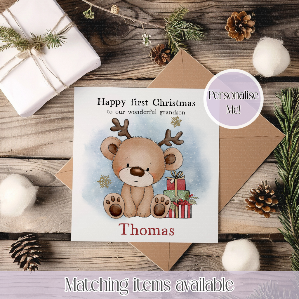 Personalised First Christmas Reindeer Teddy Bear Card - Custom Name - Boy or Girl - Christmas Card