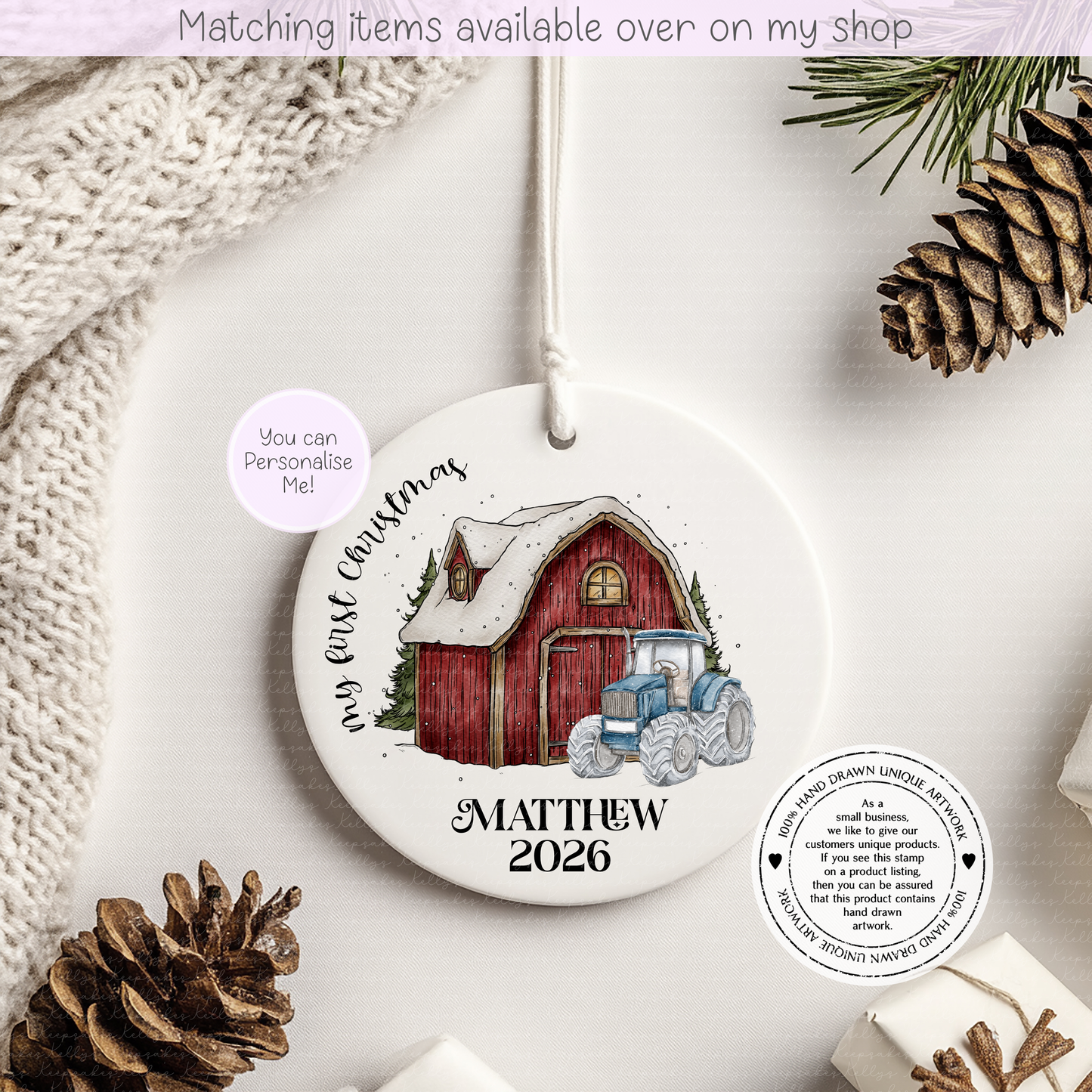 Christmas Tractor First Christmas Personalised Ceramic Bauble - Christmas Decoration - First Christmas - Fully Editable- Custom Name